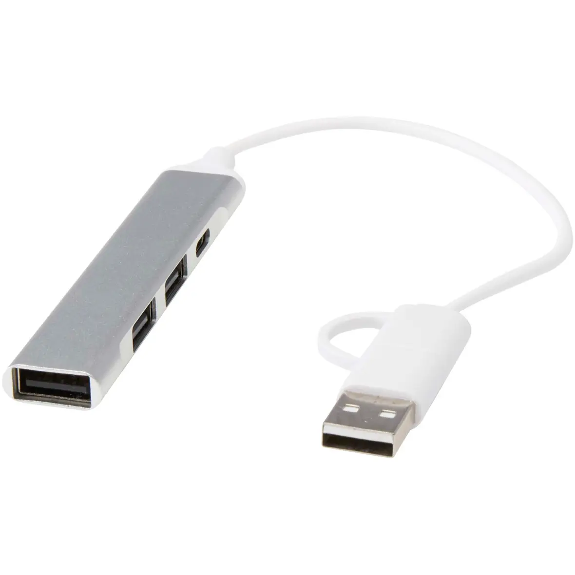 4 Port Hub aus recyceltem Aluminium mit USB-A- und Typ-C-Anschlüssen und zwei Eingängen – Werbeartikel mit Logo bedrucken