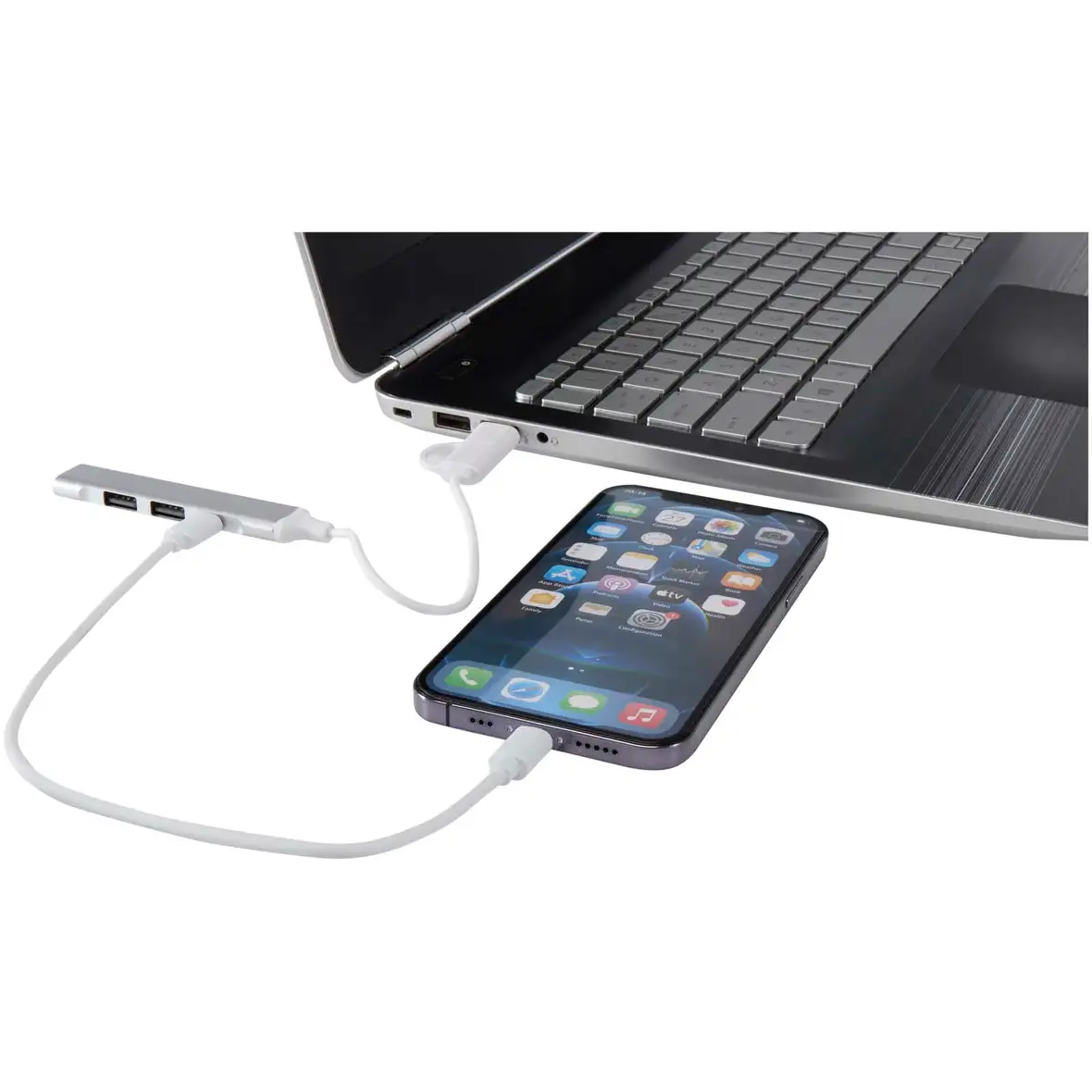 4 Port Hub aus recyceltem Aluminium mit USB-A- und Typ-C-Anschlüssen und zwei Eingängen – Ansicht 3