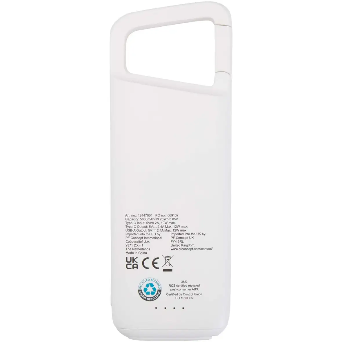 12 W 5.000 mAh wasserfeste Powerbank aus recyceltem Kunststoff mit Karabinerhaken – Ansicht 3