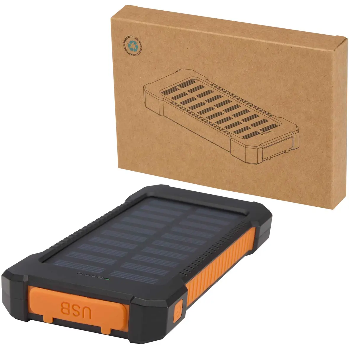 10 W 5000 mAh robuste Solar Powerbank aus recyceltem Kunststoff mit integrierter Taschenlampe – Werbeartikel mit Logo bedrucken