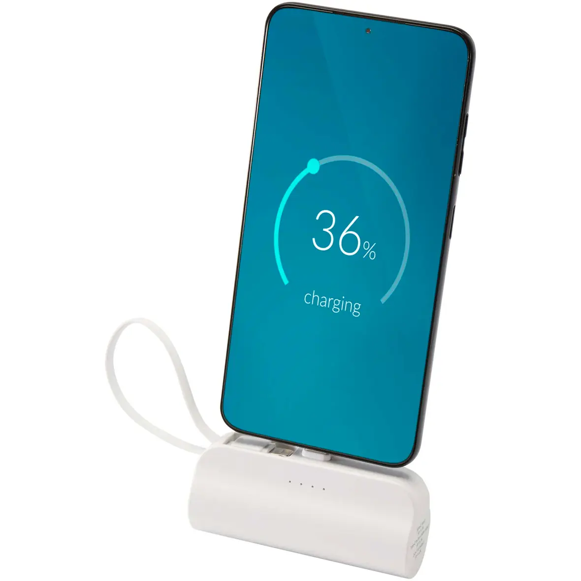 10 W 5000 mAh Typ C Powerbank aus recyceltem Kunststoff mit integriertem Klappständer und 2 in 1 Kabel – Werbeartikel mit Logo bedrucken