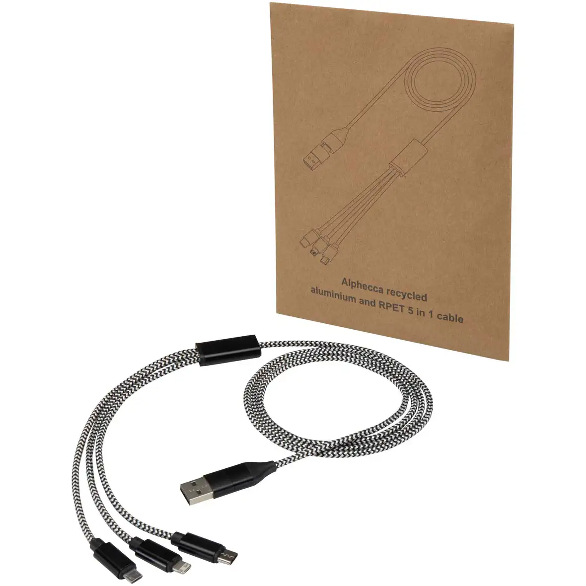 5-in-1-Ladekabel aus recyceltem Aluminium und RPET – Ansicht 1