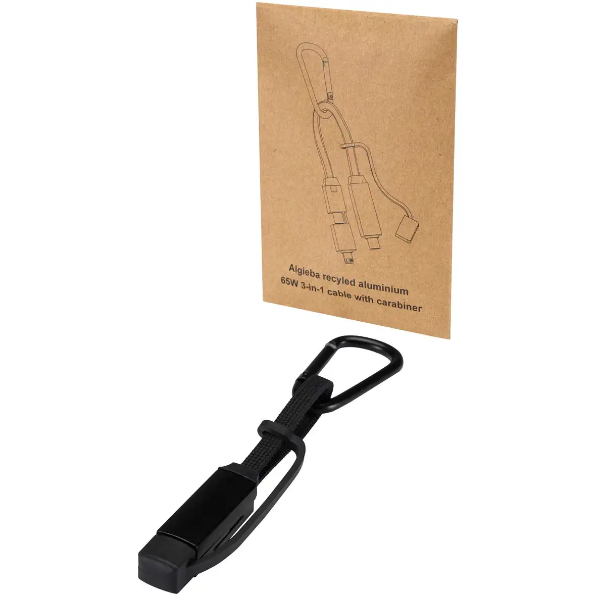 65 W 3-in-1-Ladekabel aus recyceltem Aluminium mit Karabinerhaken – Ansicht 1