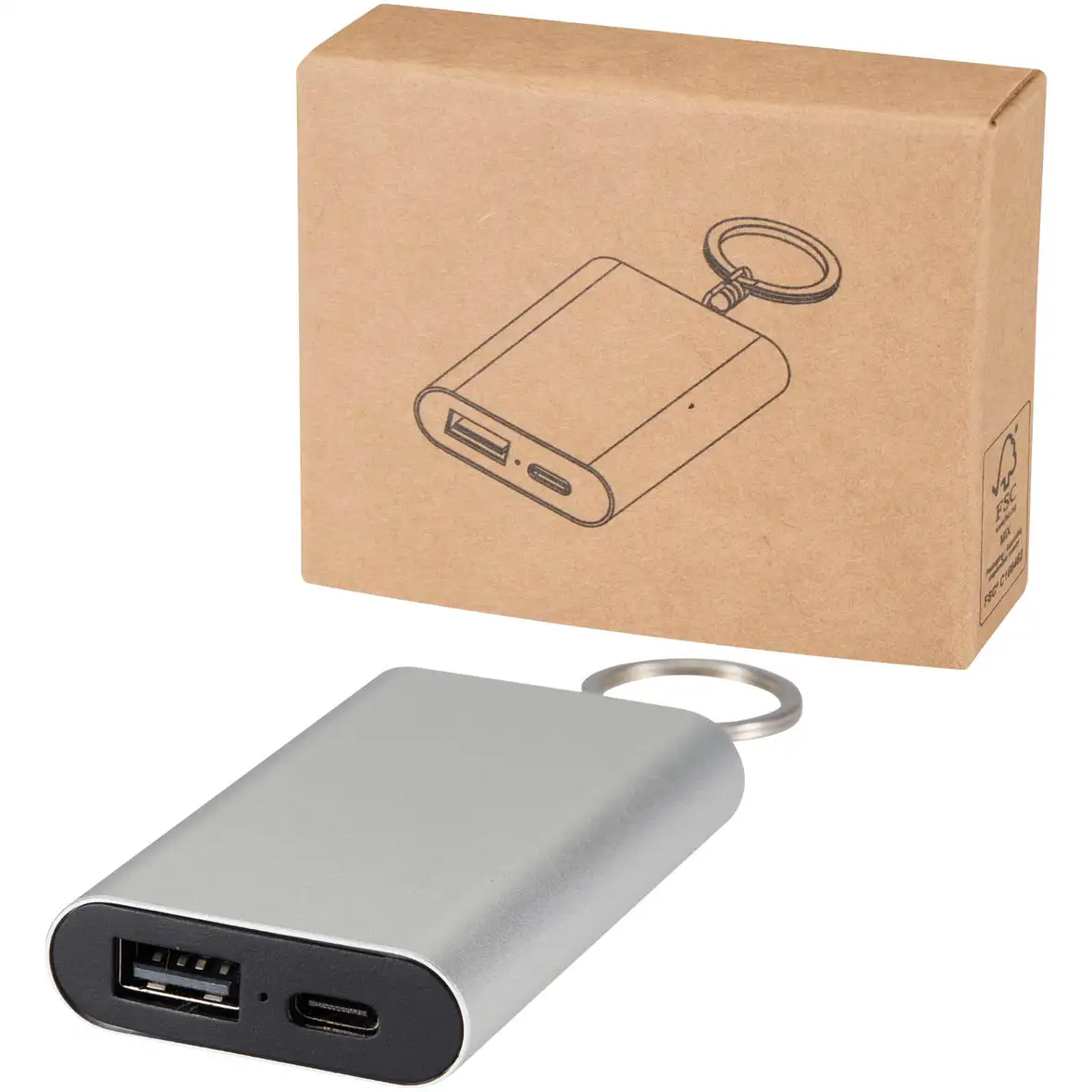 2000 mAh Powerbank aus recyceltem Aluminium mit Schlüsselanhänger – Ansicht 1