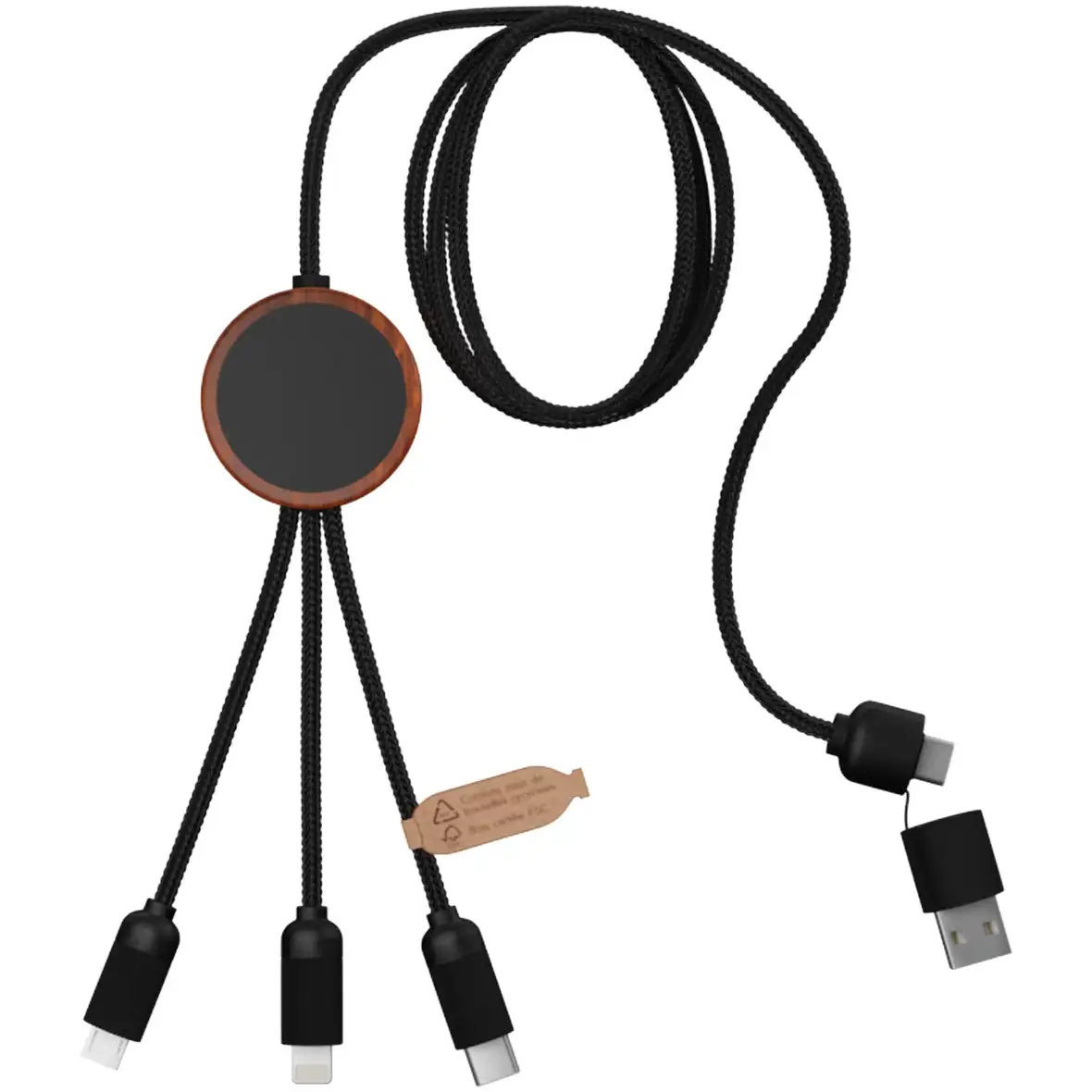 40W 5-in-1 rPET Ladekabel in rundem Bambusgehäuse mit Leuchtlogo – Ansicht 3