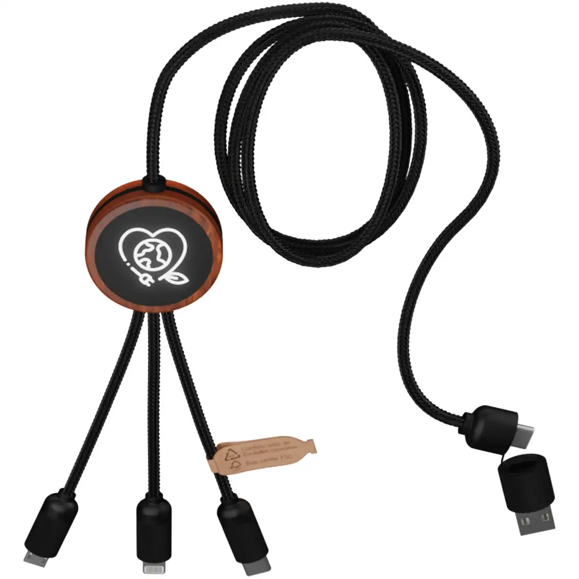 40W 5-in-1 rPET Ladekabel in rundem Bambusgehäuse mit Leuchtlogo – Ansicht 4