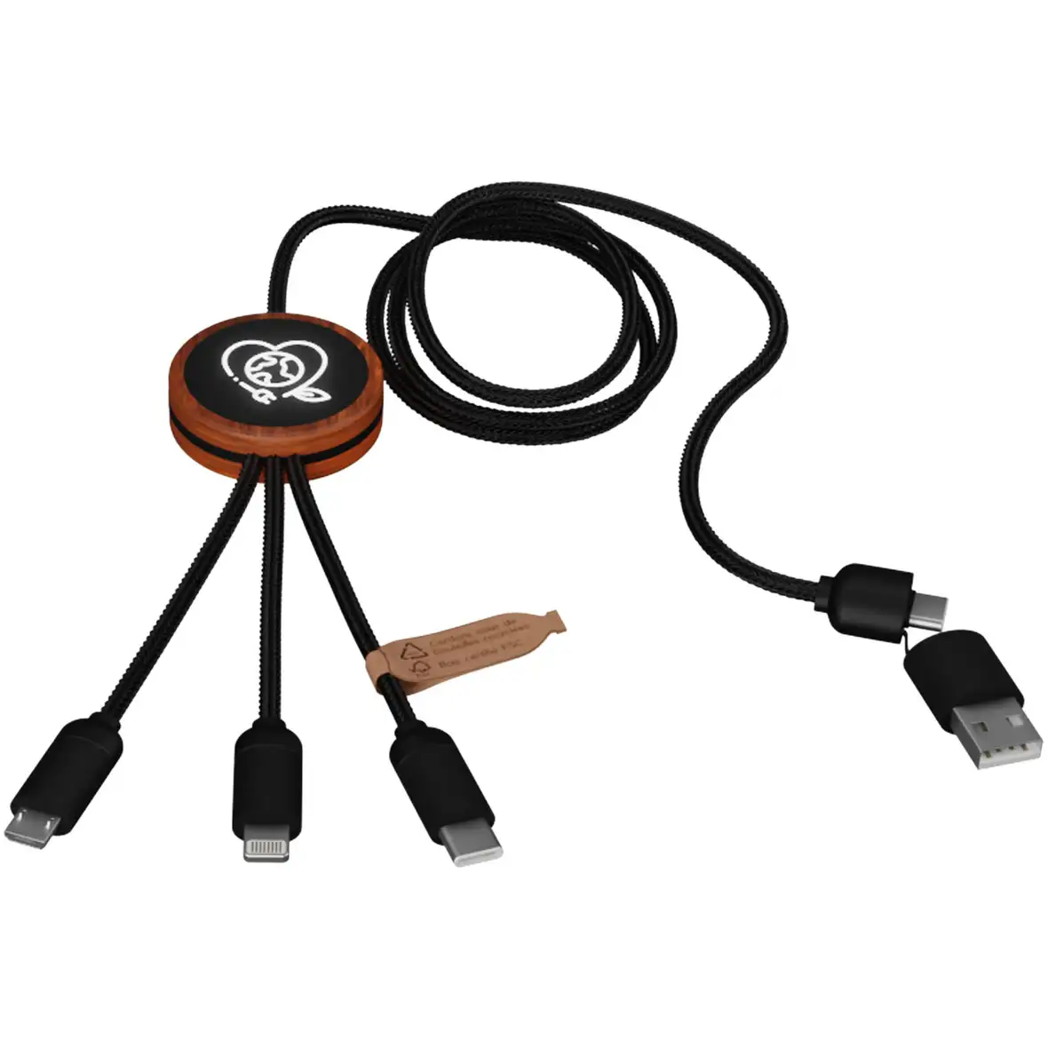 40W 5-in-1 rPET Ladekabel in rundem Bambusgehäuse mit Leuchtlogo – Ansicht 5