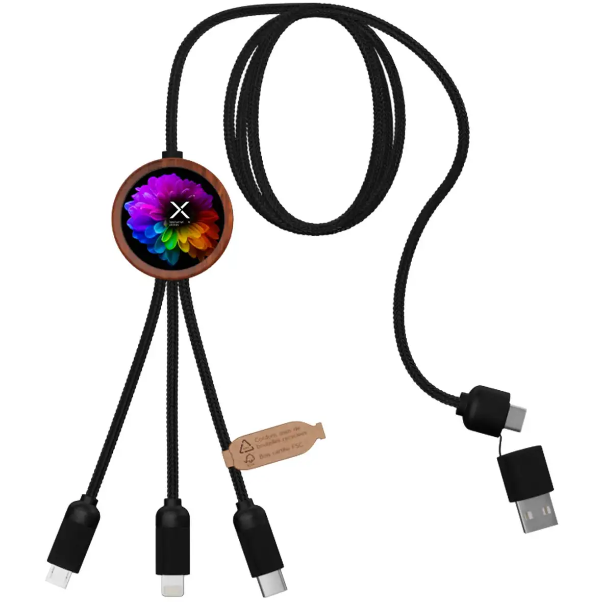 40W 5-in-1 rPET Ladekabel in rundem Bambusgehäuse mit Leuchtlogo – Ansicht 2