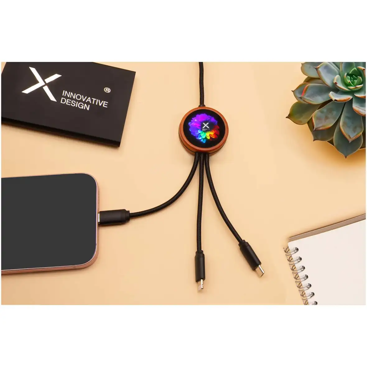 40W 5-in-1 rPET Ladekabel in rundem Bambusgehäuse mit Leuchtlogo – Ansicht 7